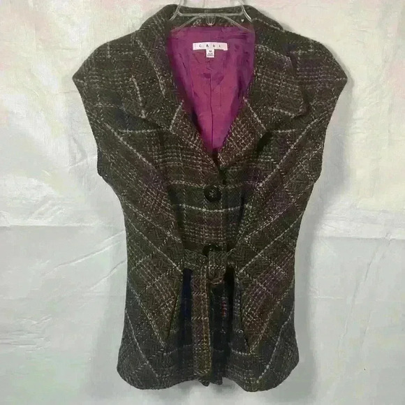 CAbi Women Sleeveless Buttoned Down Plaid Vest with Tie Size M Brown Plaid Pink - Picture 1 of 8